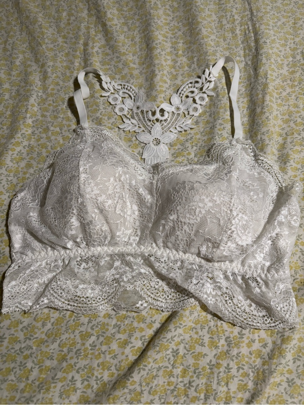 Lace Bralette with Floral Back Detail - White